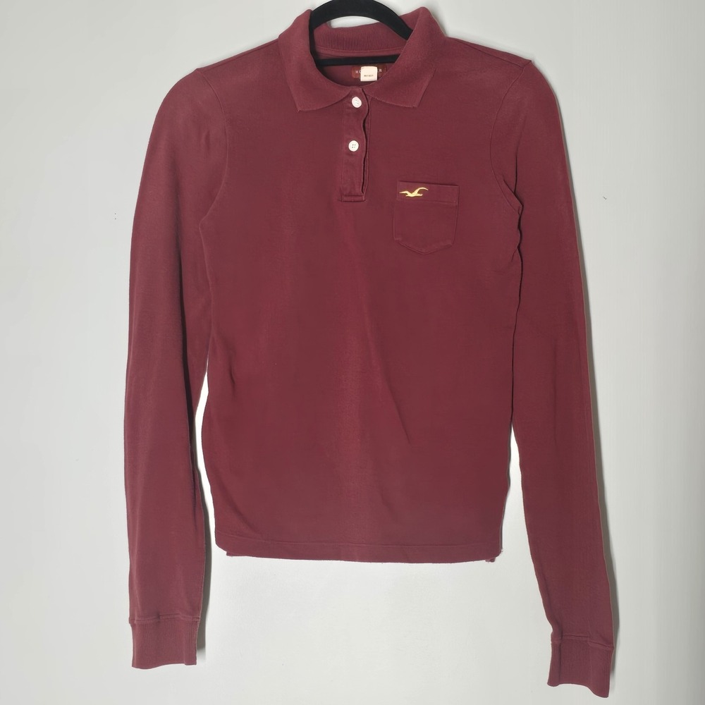 Hollister‎ Womens VTG Y2K Long Sleeve Red Henley Size M Slim Fit 90s Pocket Logo